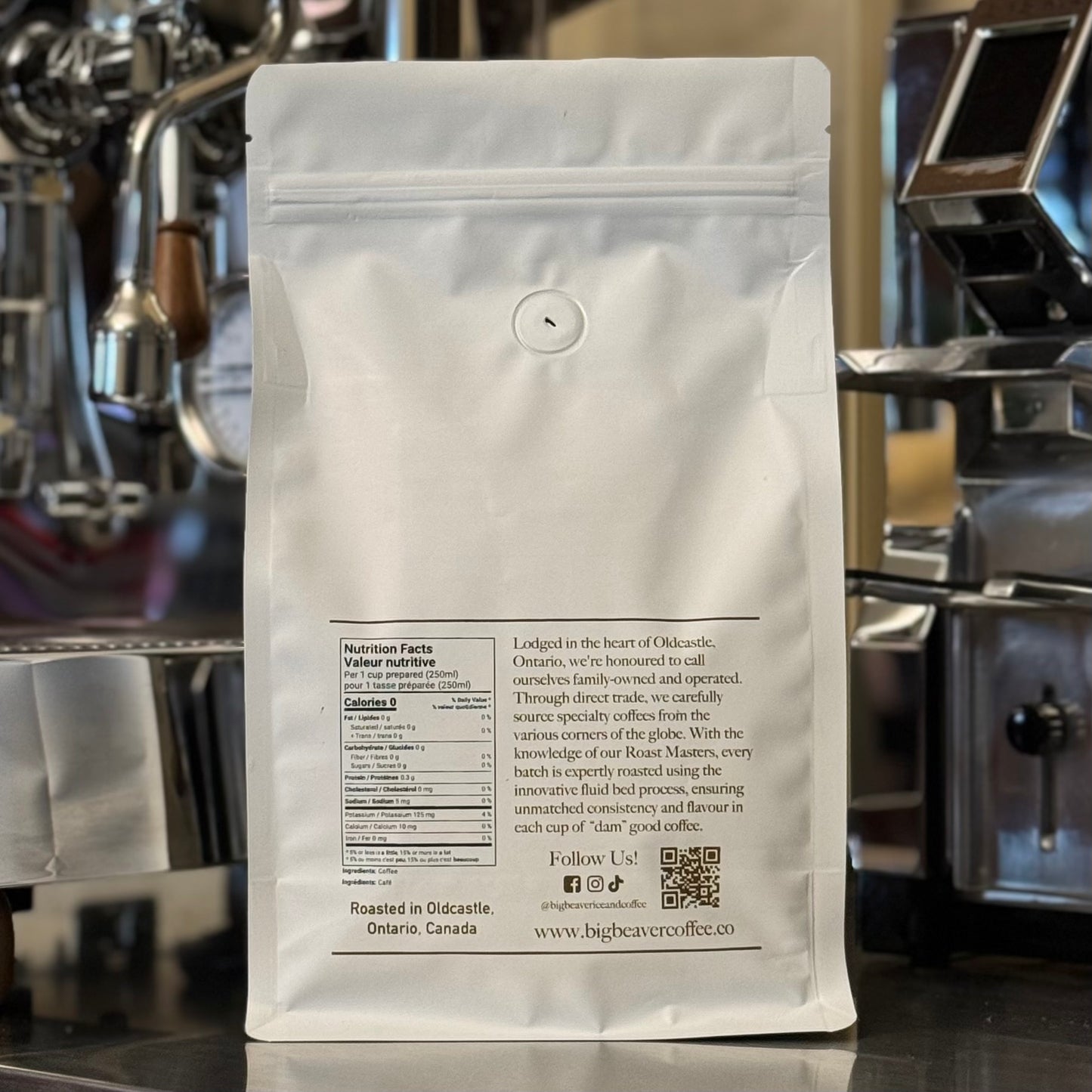back side of big beaver coffee co bag 463 grams