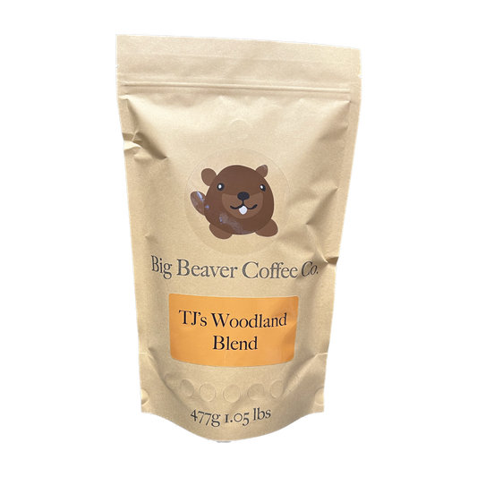 Big Beaver Coffee, Small Batch Roasting, Fluid Bed Roasting, Coffee Blends, TJ's Woodland Blend, Whole Bean, Ground Coffee.