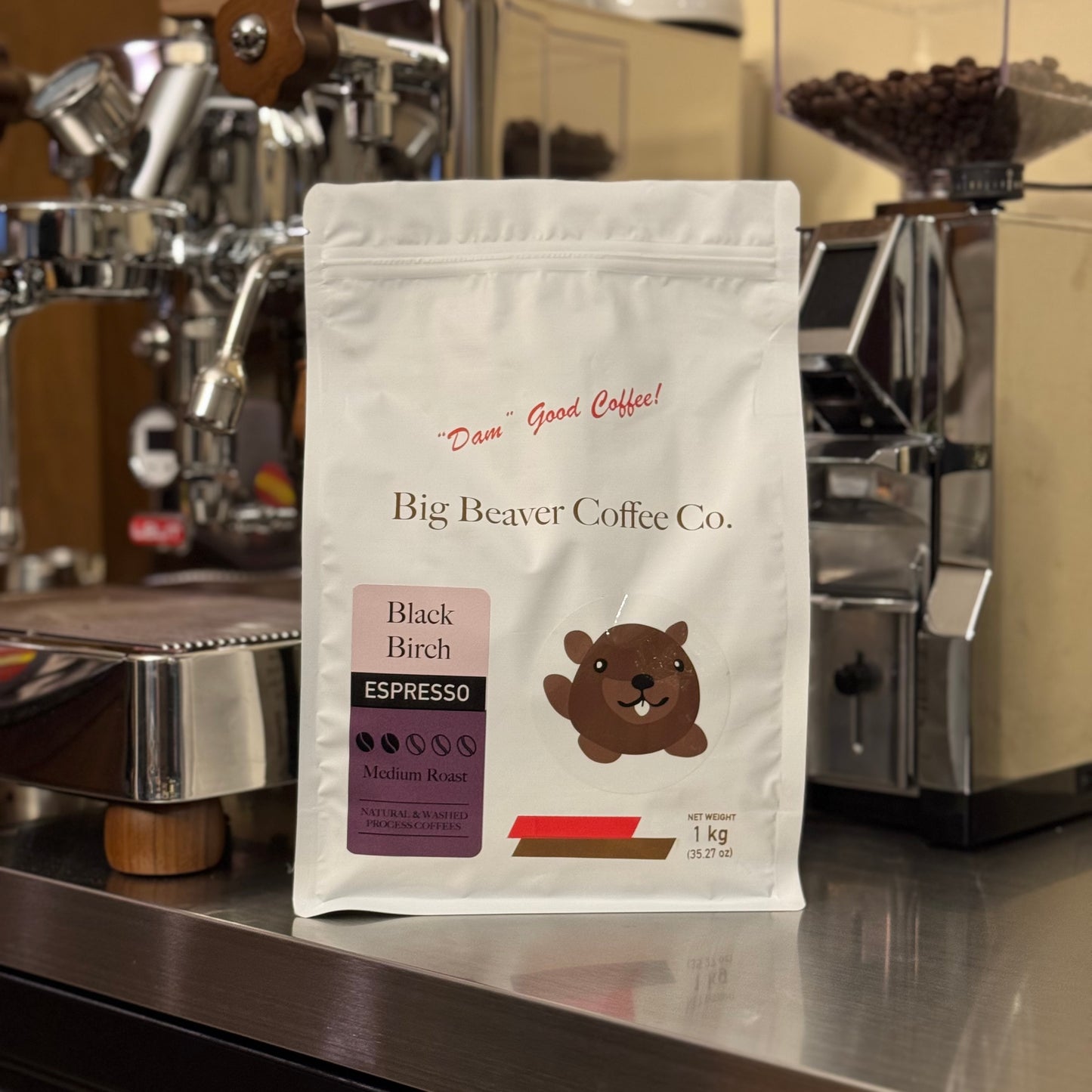 front side of big beaver coffee co black birch espresso beans medium roast 1000 grams