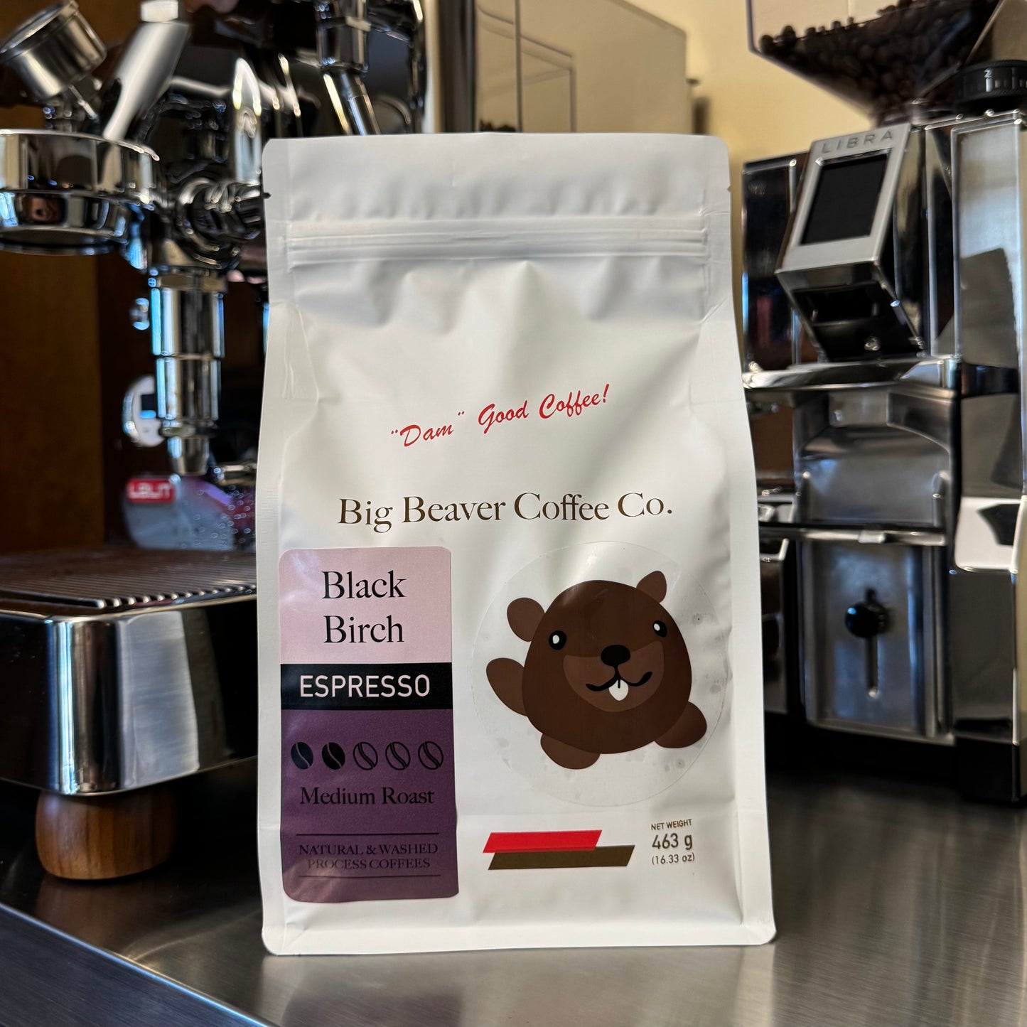 front side of big beaver coffee co black birch espresso beans medium roast 463 grams