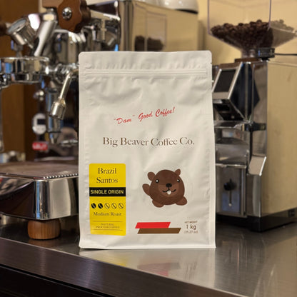 front side of big beaver coffee co brazil santos beans bag light roast 1000 grams