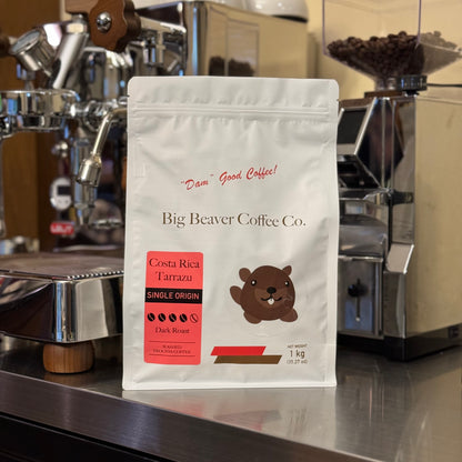 front side of big beaver coffee co costa rica tarrazu beans bag dark roast 1000 grams