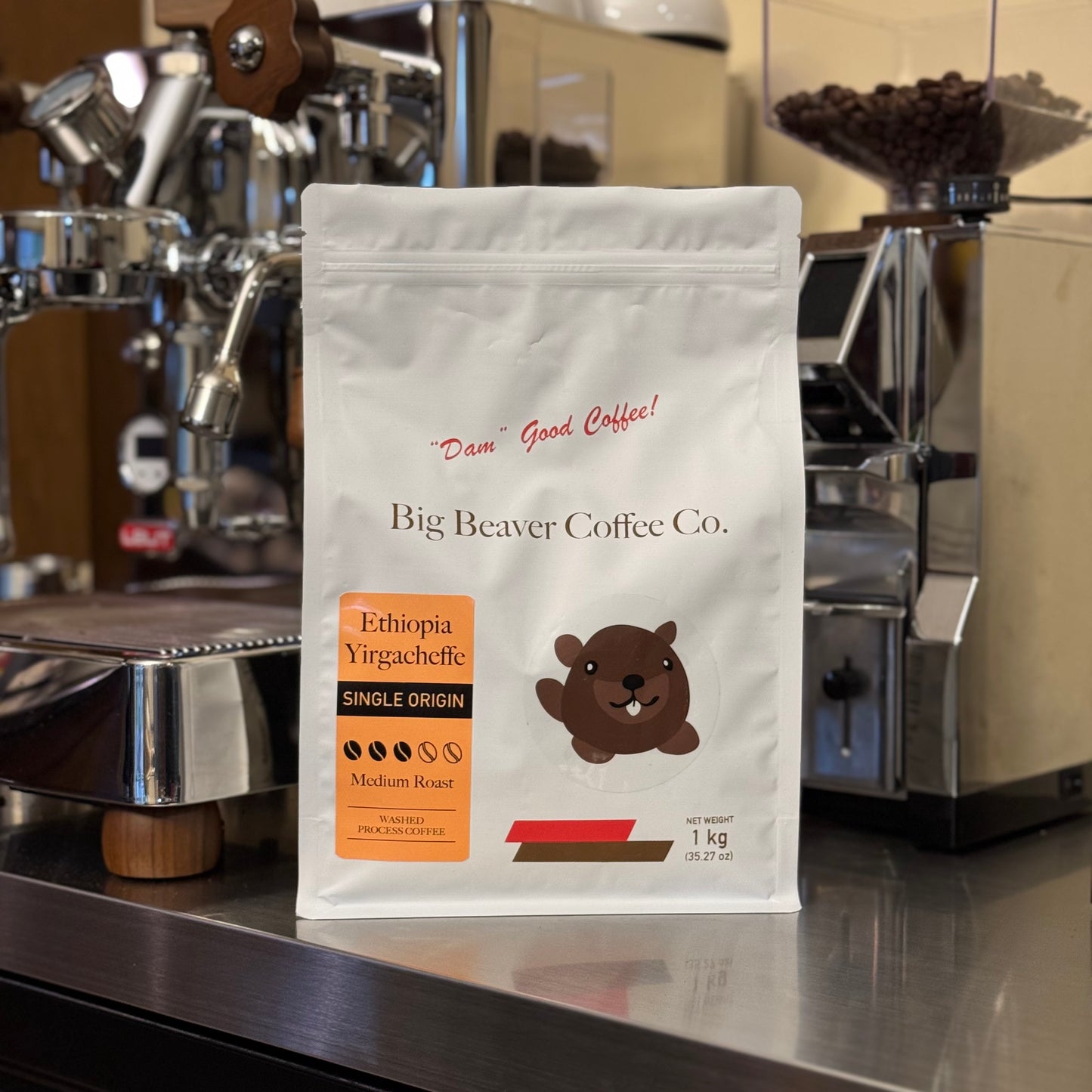 front side of big beaver coffee co ethiopia yirgacheffe beans bag medium roast 1000 grams