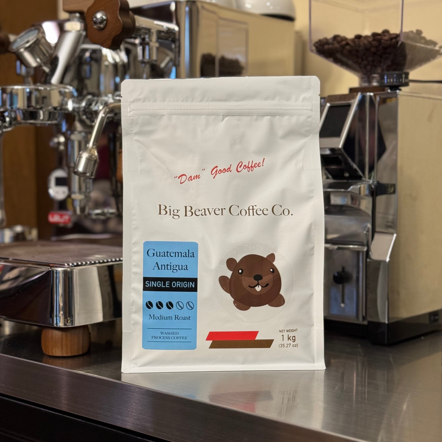 front side of big beaver coffee co guatemala antigua beans bag medium roast 1000 grams