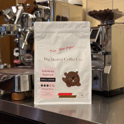 front side of big beaver coffee co indonesia sulawesi beans bag dark roast 1000 grams