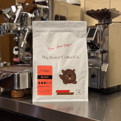 front side of big beaver coffee co lodge blend beans bag medium roast 1000 grams