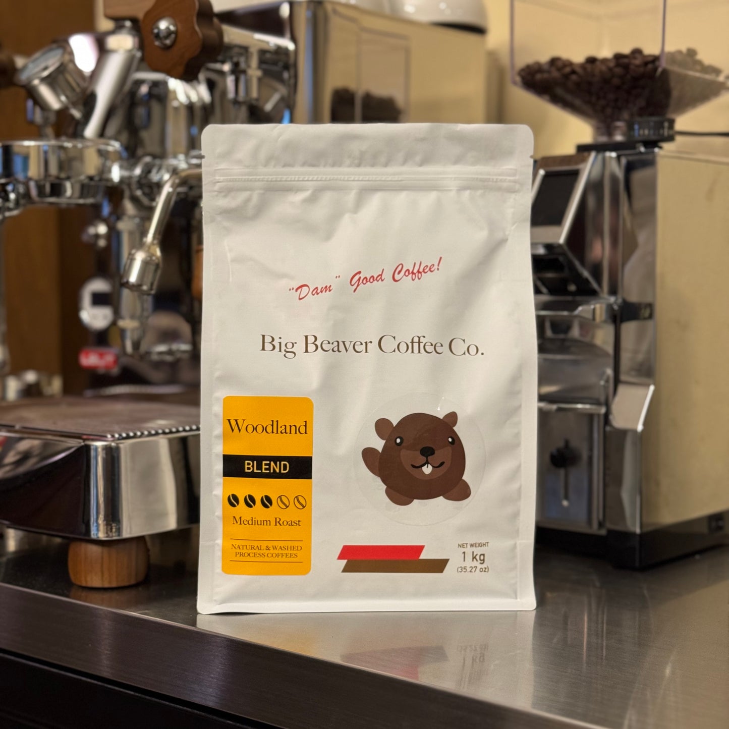 front side of big beaver coffee co woodland blend beans bag medium roast 1000 grams