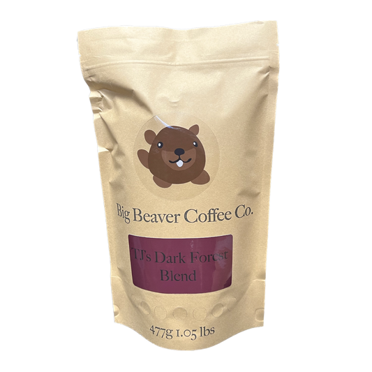 Big Beaver Coffee, Small Batch Roasting, Fluid Bed Roasting, Coffee Blends, TJ's Dark Forest Blend, Whole Bean, Ground Coffee.